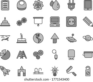 Thin line gray tint vector icon set - upward direction vector, baby bib, children's potty, yule, box of bricks, cake, birthday, gears, new roller, ladder, plummet, planet Earth, plug, power socket