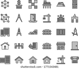 Thin line gray tint vector icon set - house vector, box of bricks, dwelling, brick wall, window frame, ntrance door, interroom, buildings, city block, tile, ceramic tiles, fence, hedge, paving slab