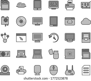 Thin line gray tint vector icon set - laptop vector, monitor, archive, CD, screen, onion, processor, tablet pc, notebook, mouse, power supply, card, web camera, usb, router, printer, flash, browser
