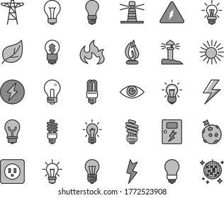 Thin line gray tint vector icon set - lightning vector, matte light bulb, incandescent lamp, saving, power socket type b, dangers, eye, leaf, pole, energy, mercury, lighthouse, coastal, electricity