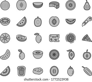 Thin line gray tint vector icon set - stationery knife vector, piece of cheese, pizza, bacon, meat, orange slice, sandwich, plum, water melon, half mango, delicious, peach, tangerine, cherry, lemon