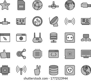 Thin line gray tint vector icon set - power socket type b vector, f, star, thumb up, screen, big data, server, processor, satellite dish, SIM card, connections, scheme, cpu, pc, router, network