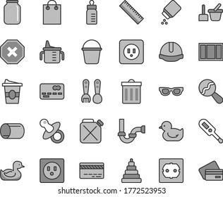 Thin line gray tint vector icon set - bin vector, mark of injury, yardstick, bank card, dummy, measuring cup for feeding, bottle, baby powder, beanbag, electronic thermometer e, rubber duck, bucket