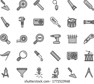 Thin line gray tint vector icon set - yardstick vector, zoom, out, wind direction indicator, electronic thermometer e, mercury, drumroll, drum, trowel, building, drill, hand saw, arm, measuring tape