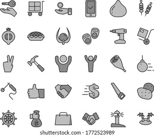 Thin line gray tint vector icon set - cargo trolley vector, dollar, shoes for little children, big core, drill, arm saw, hammer with claw, thumb up, shipment, fried vegetables on sticks, apple pie