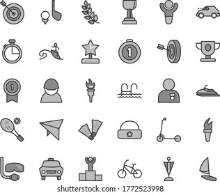 Thin line gray tint vector icon set - child Kick scooter vector, warm hat, timer, car, racer, retro, flame torch, winner, laurel branch, podium, prize, gold cup, star reward, man with medal, pennant