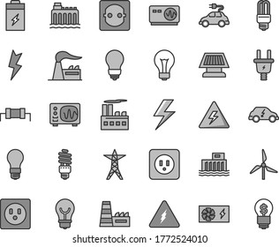 Thin line gray tint vector icon set - lightning vector, danger of electricity, matte light bulb, power socket type b, charging battery, windmill, factory, hydroelectric station, hydroelectricity