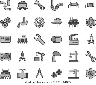 Thin line gray tint vector icon set - repair key vector, crane, tower, gears, cogwheel, sewerage, helmet, gear, valve, water pipes, manufacture, hydroelectric station, industrial building, factory