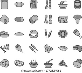Thin line gray tint vector icon set - deep plate with a spoon vector, plates and spoons, plastic fork, iron, sausage, piece of cheese, loaf, tin, fried vegetables on sticks, pizza, big burger, milk