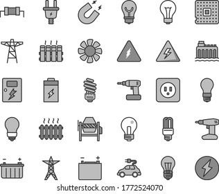 Thin line gray tint vector icon set - danger of electricity vector, matte light bulb, incandescent lamp, concrete mixer, cordless drill, saving, power socket type b, dangers, radiator, accumulator