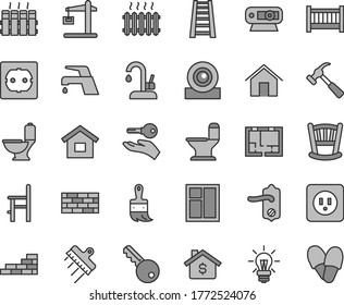 Thin line gray tint vector icon set - cradle vector, baby cot, a chair for feeding, dwelling, brickwork, brick wall, window, wooden paint brush, stepladder, toilet, comfortable, lay out of flat, f