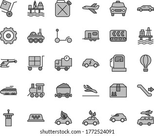 Thin line gray tint vector icon set - truck lorry vector, cargo trolley, baby toy train, Kick scooter, car, delivery, cardboard box, shipment, sea port, commercial seaport, gas station, conveyor