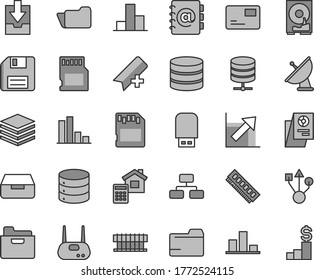 Thin line gray tint vector icon set - floppy disk vector, add bookmark, folder, bar chart, growth, download archive data, estimate, big, pile, flowchart, server, address book, pass card, drawer, hdd