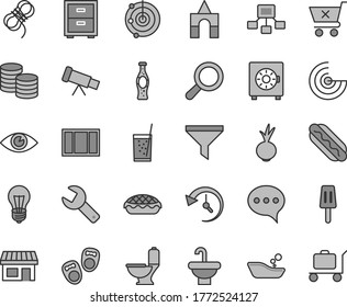 Thin line gray tint vector icon set - repair key vector, magnifier, bedside table, children's bathroom, box of bricks, shoes for little children, window frame, washbasin, toilet, hawser, speech, eye