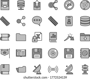 Thin line gray tint vector icon set - archive vector, upload data, folder, e, books, speech, book, big server, address, satellite antenna, vintage sign, connection, connections, a crisis, encrypting