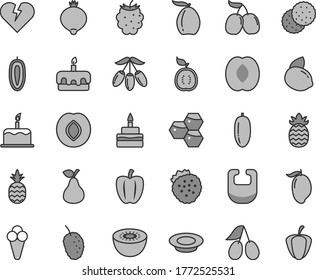 Thin line gray tint vector icon set - bib vector, broken heart, cake, torte, birthday, a plate of milk, cone, strawberries, pineapple, pear, biscuit, honeycombs, plum, cornels, medlar, blackberry