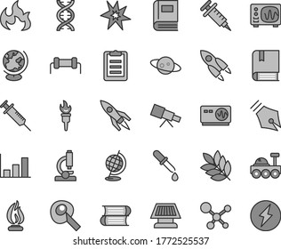 Thin line gray tint vector icon set - vector e, books, microscope, telescope, molecule, dna, book, pipette, globe, oscilloscope, flame, clipboard, artifical insimination, growth graph, sun panel