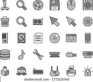 Thin line gray tint vector icon set - unpacking vector, trolley with coal, radiator fan, mouse, keyboard, pc tower, cpu, gpu card, web camera, hdd, router, cd, printer, network, trash bin, floppy