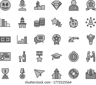 Thin line gray tint vector icon set - positive histogram vector, coins, growth graph, winner, award, carrer stairway, man with medal, arrows, graduate, flag on moon, first place, star, hero, ribbon