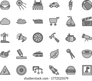 Thin line gray tint vector icon set - danger of electricity vector, movie cracker, toys over the cot, mug for feeding, baby bath ball, adjustable wrench, drawing, hammer with claw, big burger, onion