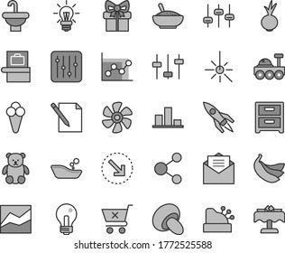 Thin line gray tint vector icon set - incandescent lamp vector, line chart, graph, children's bathroom, small teddy bear, washbasin, received letter, regulator, nightstand, notes, crossed cart, beet