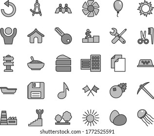 Thin line gray tint vector icon set - floppy disk vector, clean paper, counterclockwise, bath, accessories for a hairstyle, balloon, small tools, key, city block, eggs, piece of cake, blueberries