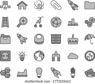 Thin line gray tint vector icon set - sign of the planet vector, clip, zoom, chest drawers, baby bib, sitting stroller, potty chair, box bricks, house, stepladder, bulb, umbrella, folder, torte