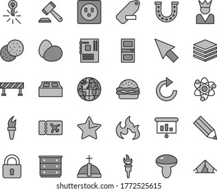 Thin line gray tint vector icon set - hammer of a judge vector, clockwise, remove label, chest drawers, interroom door, building block, road fence, lock, star, pile, eggs, burger, mushroom, biscuit