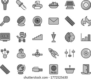 Thin line gray tint vector icon set - camera vector, key, passport, lens, a plate of fruit, pan, memory, usb, cd, printer, connect, coding, lan connector, mail, brain, settings, pipette, globe