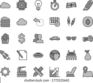 Thin line gray tint vector icon set - matte light bulb vector, women, growth chart, car child seat, writing accessories, knife, notes, move left, fried vegetables on sticks, piece of cake, pie, pear