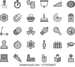 Thin line gray tint vector icon set - woman vector, cake, child Kick scooter, gear, radiator, unpacking, porridge in a saucepan, chicken leg, bottle of soda, biscuit, tangerine, marine propeller