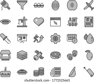 Thin line gray tint vector icon set - heart symbol vector, baby toy train, shoes for little children, pile, bundle of eggs, spaghetti, torte, cake with a hole, pie, plate, garlic, melon, half peach