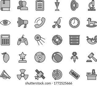 Thin line gray tint vector icon set - clock face vector, hammer of a judge, women, horn, loudspeaker, calculator, chest drawers, summer stroller, baby bath ball, small rocking horse, e, eye, chili