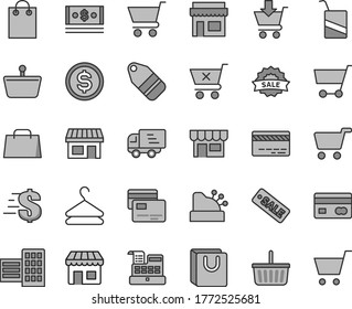 Thin line gray tint vector icon set - grocery basket vector, bank card, dollar, e, city block, cart, put in, crossed, bag with handles, cards, kiosk, hanger, label, stall, shopping, cash, hand