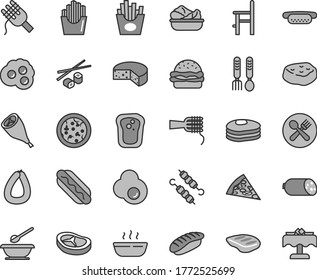 Juego de iconos vectoriales de tono gris claro - vectores de placas y cucharas, una silla para alimentación, tenedor de hierro, salchicha, bastón de, queso, pizza, pieza, Perro caliente, mini, hamburguesa, espagueti, fideos, avena, tocino