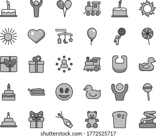 Thin line gray tint vector icon set - heart symbol vector, toys over the cradle, bib, rubber duck, baby duckling, teddy bear, toy train, children's, colored air balloons, balloon, cake, birthday