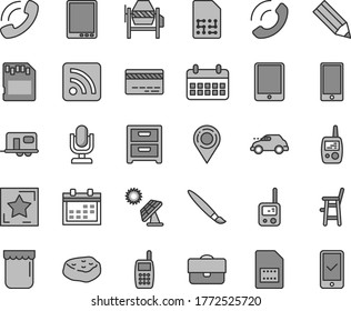 Thin line gray tint vector icon set - tassel vector, desktop microphone, calendar, bank card, rss feed, toy phone, mobile, a chair for feeding child, concrete mixer, smartphone, nightstand, call, sd