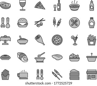 Thin line gray tint vector icon set - plates and spoons vector, plastic fork, iron, coffee, fried vegetables on sticks, pizza, piece of, big burger, cake, pie, a bowl rice porridge, in saucepan, pan