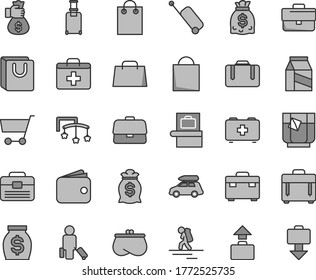 Thin line gray tint vector icon set - briefcase vector, paper bag, first aid kit, toys over the cot, of a paramedic, portfolio, suitcase, case, with handles, package, glass tea, cart, wallet, purse