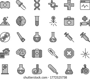 Thin line gray tint vector icon set - mark of injury vector, spectacles, first aid kit, plus, electronic thermometer e, mercury, bag a paramedic, medical, arm saw, estimate, temperature, cardiogram