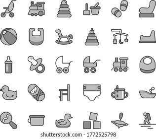 Thin line gray tint vector icon set - toys over the cradle vector, dummy, mug for feeding, measuring bottle, diaper, bib, baby, beanbag, chair, stroller, carriage, summer, rubber duck, duckling, toy