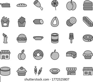 Thin line gray tint vector icon set - kiosk vector, sausage, stick of, cheese, loaf, canned goods, tin, fried vegetables on sticks, Hot Dog, mini, burger, cake, muffin, piece, slice, with a hole