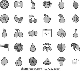 Thin line gray tint vector icon set - bag of a paramedic vector, cardiogram, noodles, mushroom, sushi, fried egg, strawberries, apple, cherry, pear, red, tasty, rose hip, medlar, half, mulberry