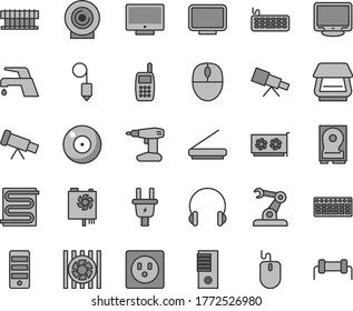 Thin line gray tint vector icon set - camera vector, drill, plummet, heating coil, faucet mixer, headphones, screen, lens, electric plug, socket, assembly robot, mobile phone, radiator fan, mouse