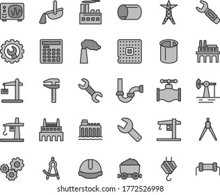 Thin line gray tint vector icon set - repair key vector, crane, hook, sewerage, construction helmet, gear, working oil derrick, valve, manufacture, hydroelectricity, power line, industrial building