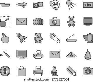 Thin line gray tint vector icon set - monitor vector, envelope, camera roll, safety pin, bath, teddy bear, small, plastic brush, fence, 24, artificial satellite, expand picture, apricot, welding