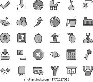 Thin line gray tint vector icon set - mark of injury vector, check, baby carriage, bath ball, children's sand set, yule, put in a box, delete page, move down, plum, blueberries, delicious, ripe