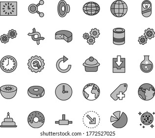 Thin line gray tint vector icon set - sign of the planet vector, clock face, clockwise, loudspeaker, add label, download archive data, roly poly doll, birthday cake, gears, star gear, wall, earth