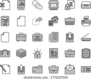 Thin line gray tint vector icon set - clip vector, briefcase, clean sheet of paper, folder, upload archive data, download, portfolio, suitcase, estimate, received letter, pile, drawer, notes, file