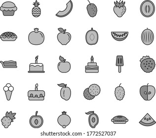 Juego de iconos vectoriales de tono gris de línea delgada - vector de torta, rodaja, torta, cumpleaños, pastel, manzana, pala, cono, fresas, piña, galleta, granada, uva, albaricoque, rojo, sabroso, fresa, medallero